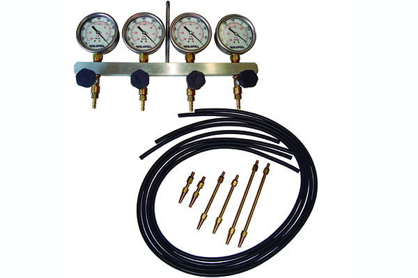 Vacuômetro de 4 relógios COM GLICERINA completo com mangueiras e 6 bicos: (2) 155mm M5 x 0,8 / (2) 100mm M5 x 0,8 / (2) 65mm M6 x 1.