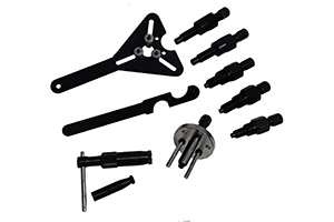 Kit com 10 ferr. para compressores de ar condicionado incluindo (4 ferr. para sacar polia, 2 para instalar polia, 1 para sacar selo Harrison V5, 1 guia para instalar selo Harrison V4-V5, 2 ferramentas